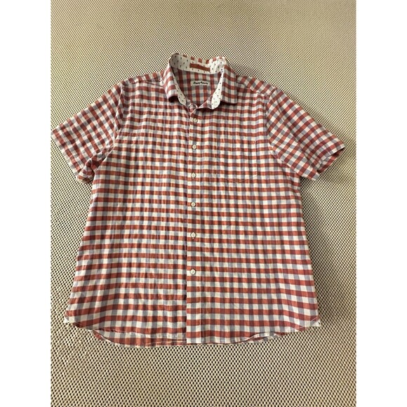 Tommy Bahama Linen‎ Blend Shirt Men L Plaid Gingham Short Sleeve Button Down Up - Picture 1 of 13